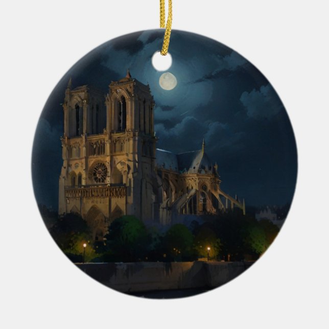 Notre Dame and Full Moon Art Ceramic Ornament (Front)