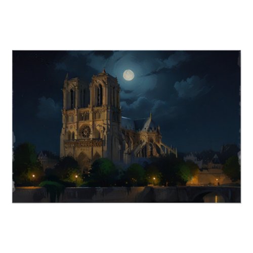 Notre Dame and Full Moon Art Poster