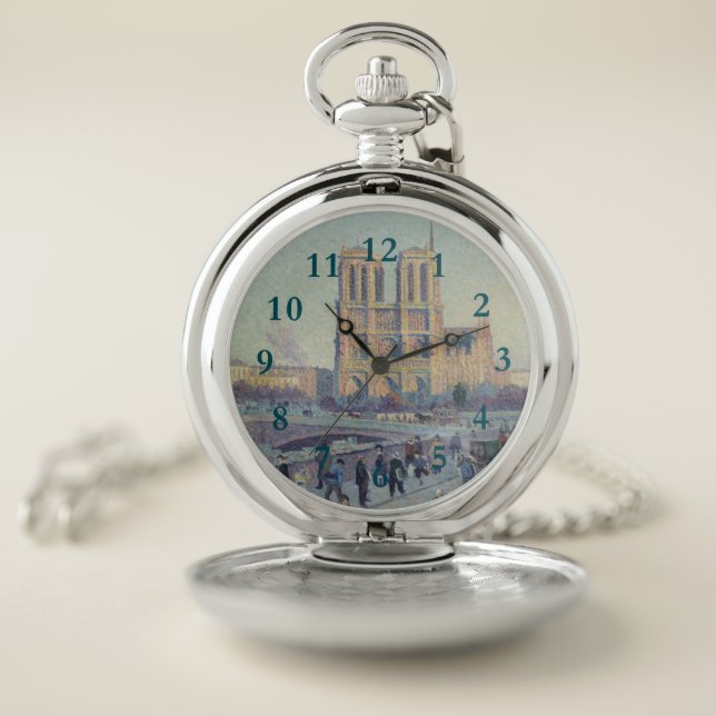 Notre Dame Cathedral Paris France Classic Painting Pocket Watch (Inside)