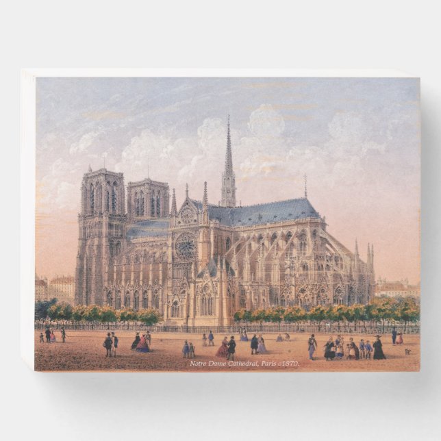 Notre Dame Cathedral print, 1870 Paris France Wooden Box Sign (Front Horizontal)
