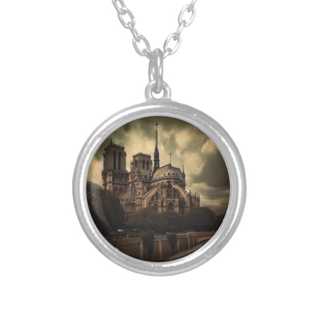 Notre Dame Cathedral Spier, Paris France Silver Plated Necklace (Front)