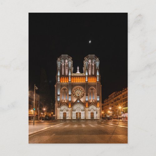 Notre_dame de nice in the night glowing postcard