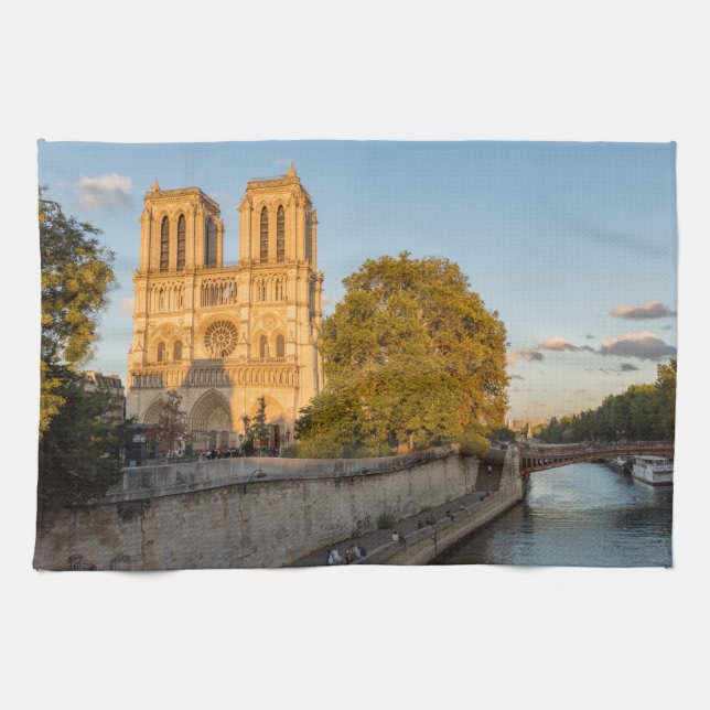 Notre Dame de Paris at Golden Hour - Paris, France Kitchen Towel (Horizontal)