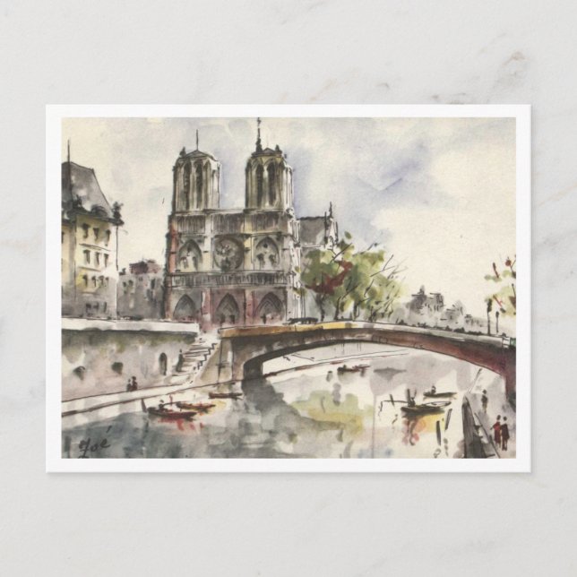 Notre Dame, Paris France Watercolor, 1962 Postcard (Front)
