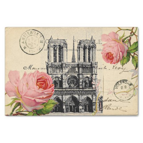 Notre Dame Paris Pink Roses  Postcard Tissue Paper