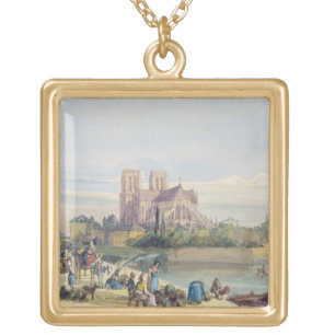 Notre Dame, Paris (w/c on paper) Gold Plated Necklace