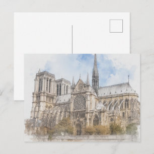 Notre Dame Watercolor Print, Paris Cathedral Art  Postcard