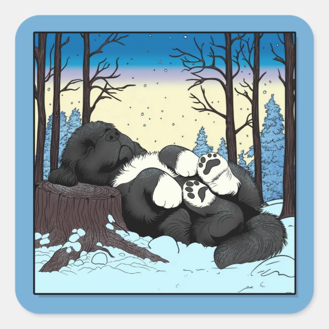 Notta Bear Cozy Winter Nap Newfoundland Puppy Square Sticker (Front)