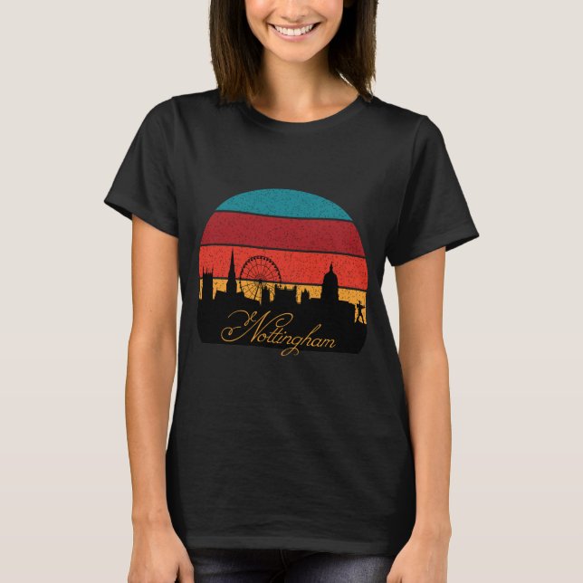 Nottingham Skyline Retro Synthwave Travel T-Shirt (Front)
