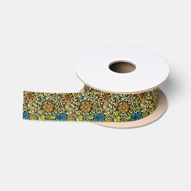Nouveau Blue and Orange Flowers on Vine Satin Ribbon (Spool)