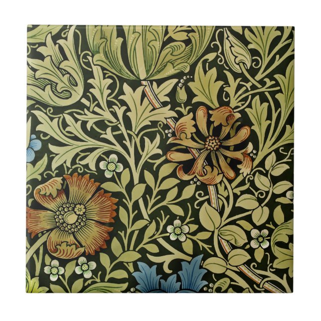 Nouveau Blue and Orange Flowers on Vine Tile (Front)