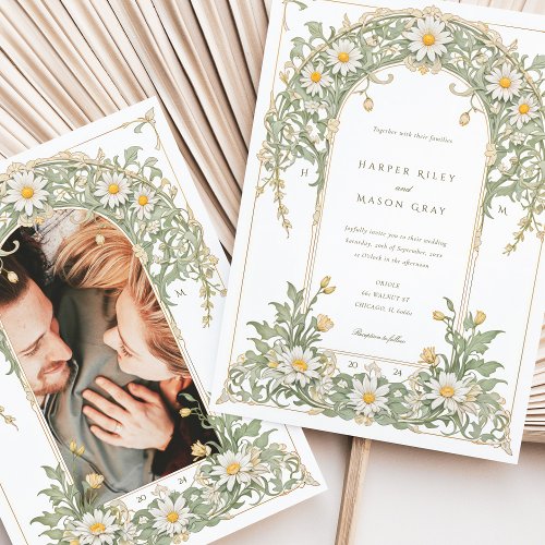 Nouveau Daisies Photo Wedding Ivory Green Invitation