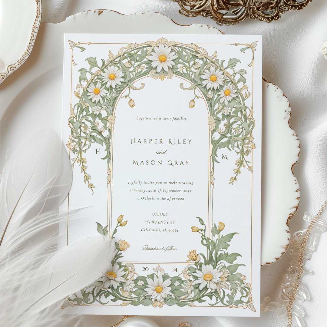 Nouveau Daisies Wedding in Ivory and Green                    Invitation