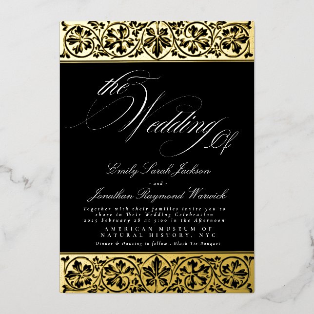 Nouveau Formal Calligraphy Elegant Classic Black Foil Invitation (Front)