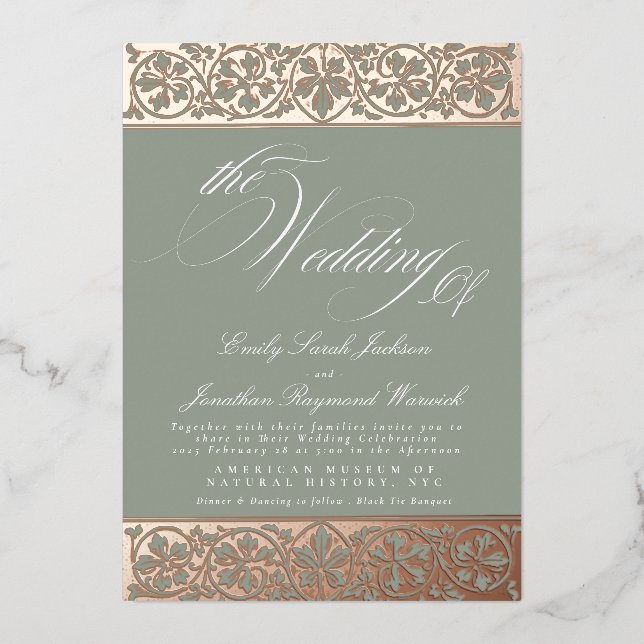Nouveau Formal Calligraphy Elegant Classic Sage Foil Invitation (Front)