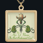 Nouveau Lilies (Personalized Necklace) Gold Plated Necklace<br><div class="desc">This gold finished necklace makes a lovely gift for your bridesmaids that they will cherish forever. At the center is an elegant design with  swirling vines,  heart-shaped leaves,  yellow-peach blossoms on a soft green background,  below are 3 customizable text fields. Available in 3 sizes. Coordinates with our </div>