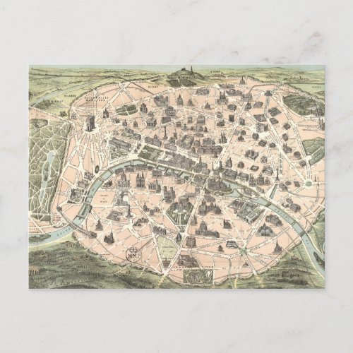 Nouveau Paris Monumental Map Postcard
