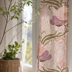 Nouveau Pink Floral and Leaf Motif Sheer Curtains