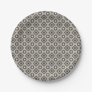 Nouveau Spanish Tile Pattern Black and Cream Paper Plates