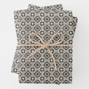 Nouveau Spanish Tile Pattern Black and Cream Wrapping Paper Sheets