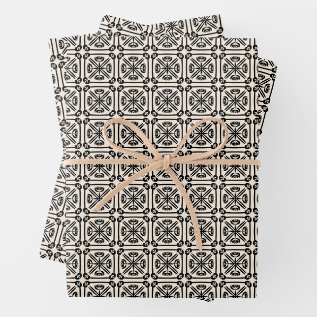 Nouveau Spanish Tile Pattern Black and Cream Wrapping Paper Sheets (In situ)