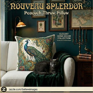 Nouveau splendor vintage paisley floral peacock throw pillow