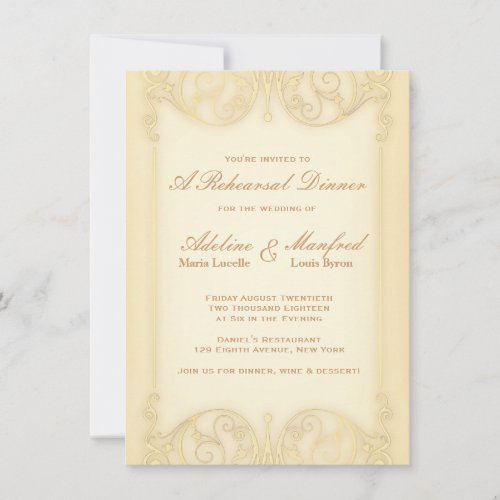 Nouveau Victorian Pale Gold Fancy Rehearsal Dinner Custom Invites