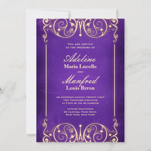 Nouveau Victorian: Pale Gold &amp; Aubergine Wedding Invitations