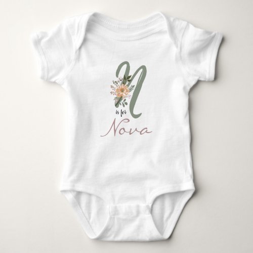 Nova Name Reveal Floral Letter N Girl Flower Baby Bodysuit