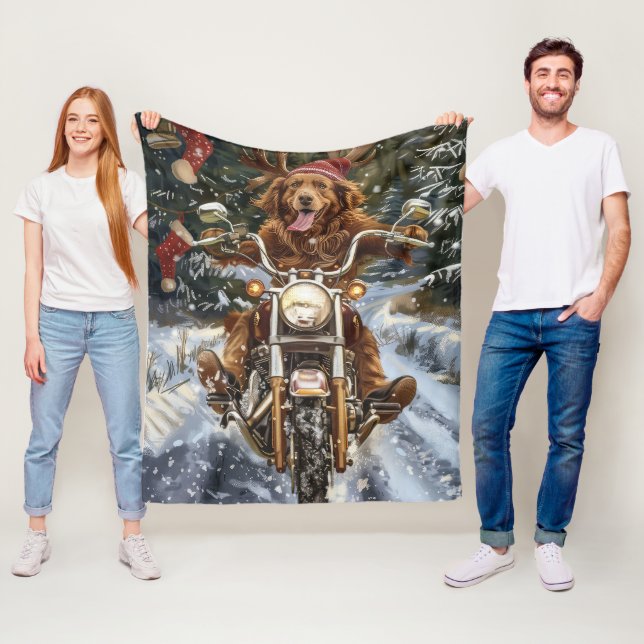Nova Scotia Dog Christmas Riding Motorcycle Fleece Blanket (In Situ)