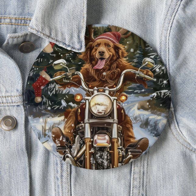 Nova Scotia Dog Riding Motorcycle Christmas Button (In Situ)