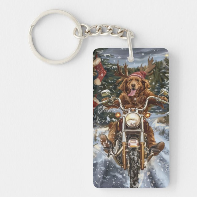 Nova Scotia Dog Riding Motorcycle Christmas Keychain (Front)