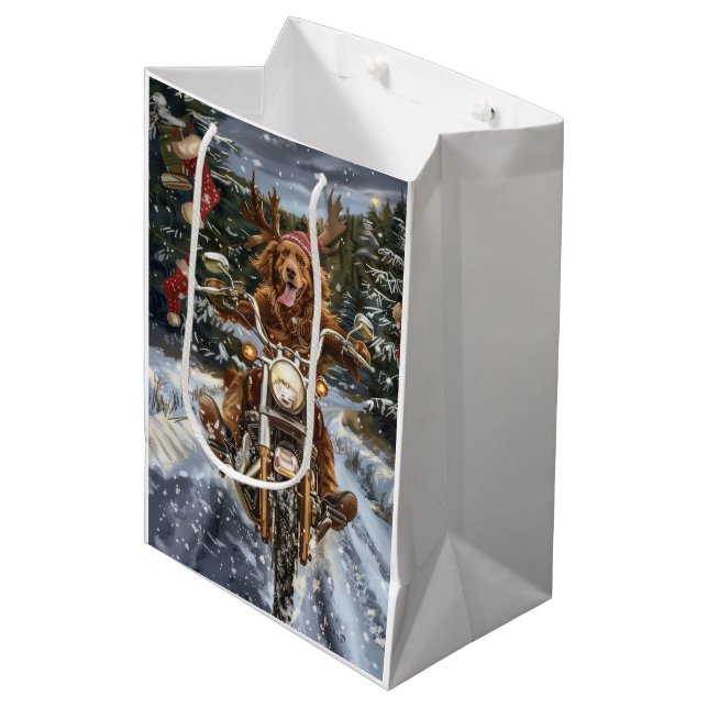 Nova Scotia Dog Riding Motorcycle Christmas Medium Gift Bag (Front Angled)