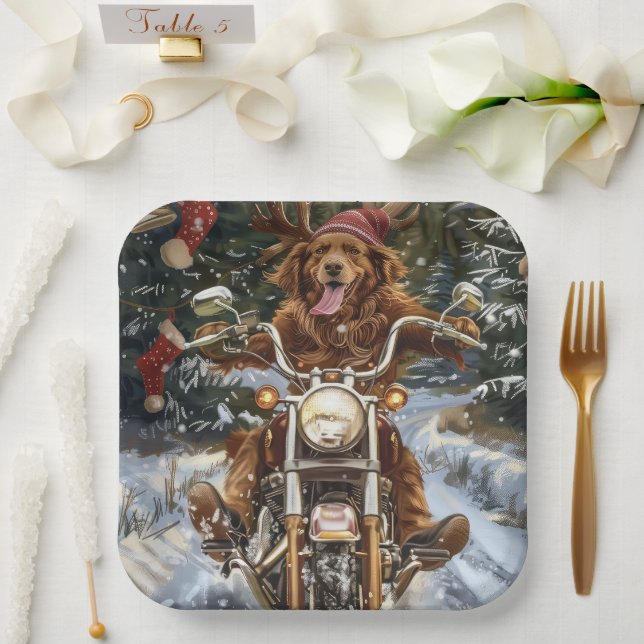 Nova Scotia Dog Riding Motorcycle Christmas Paper Plates (Wedding)