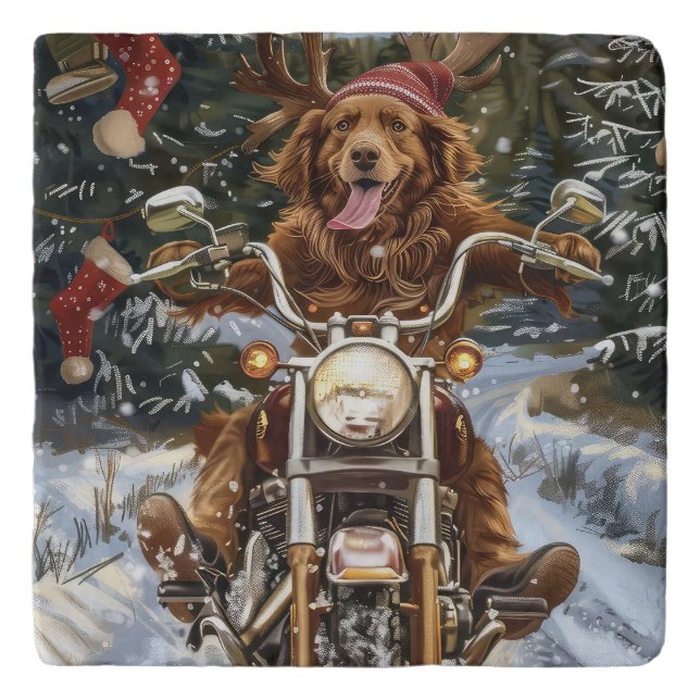Nova Scotia Dog Riding Motorcycle Christmas Trivet (Front)