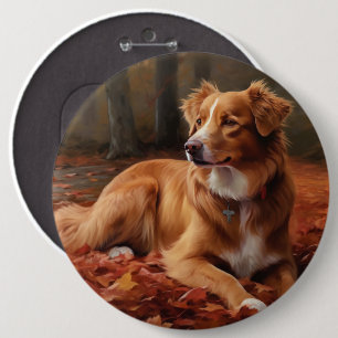 Nova Scotia Duck Terrier In Autumn Leaves Fall Button