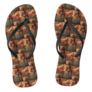 Nova Scotia Duck Terrier In Autumn Leaves Fall  Flip Flops
