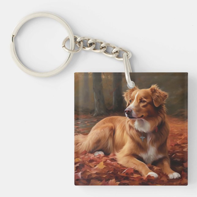 Nova Scotia Duck Terrier In Autumn Leaves Fall  Keychain (Front)