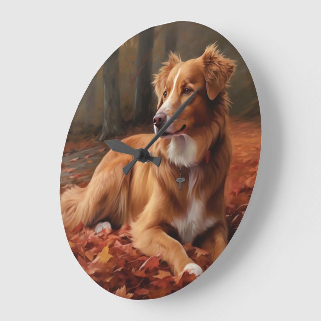 Nova Scotia Duck Terrier In Autumn Leaves Fall  Large Clock (Angle)