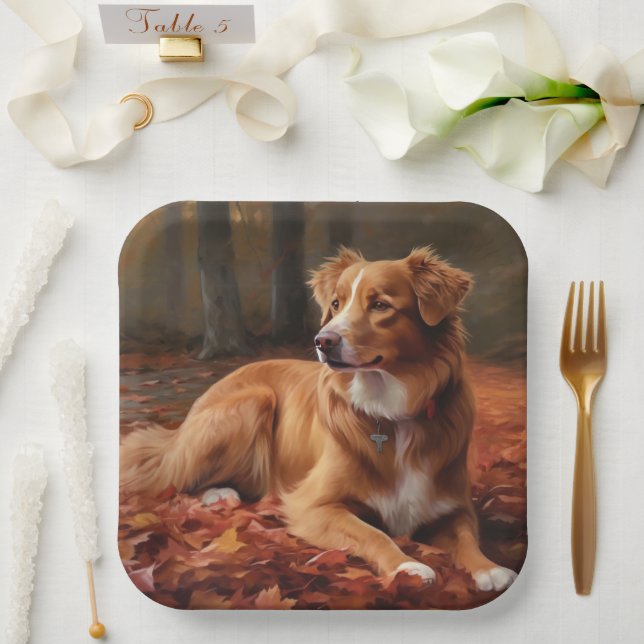 Nova Scotia Duck Terrier In Autumn Leaves Fall  Paper Plates (Wedding)