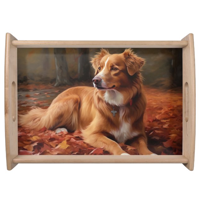 Nova Scotia Duck Terrier In Autumn Leaves Fall  Serving Tray (Front)