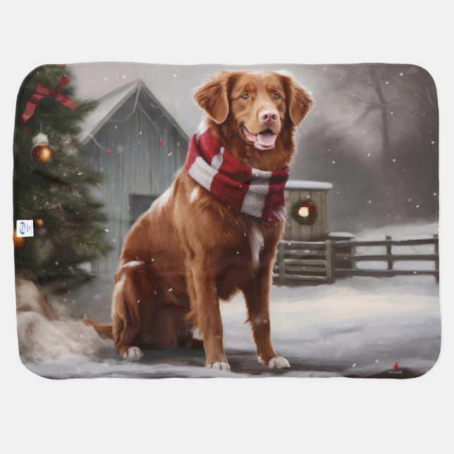 Nova Scotia Duck Toller Dog in Snow Christmas Baby Blanket (Back Horizontal)
