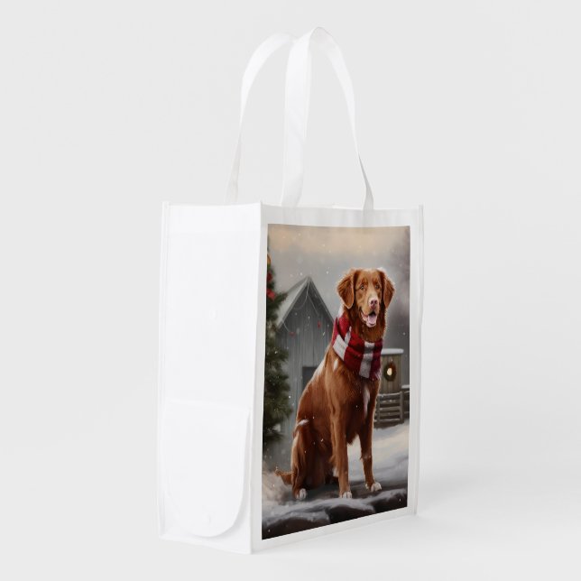 Nova Scotia Duck Toller Dog in Snow Christmas Grocery Bag (Front Side)