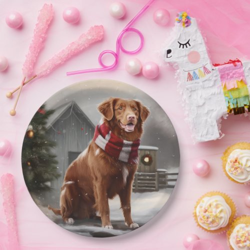 Nova Scotia Duck Toller Dog in Snow Christmas Paper Plates