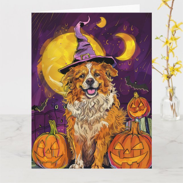 Nova Scotia Duck Toller Halloween Witch Pumpkin Card (Yellow Flower)