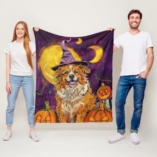 Nova Scotia Duck Toller Halloween Witch Pumpkin Fleece Blanket (In Situ)