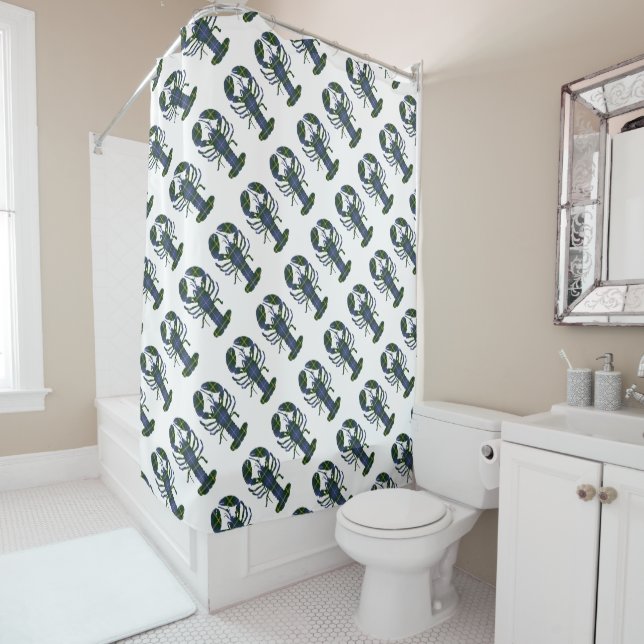 Nova Scotia Tartan blue shower curtain lobster (In Situ)