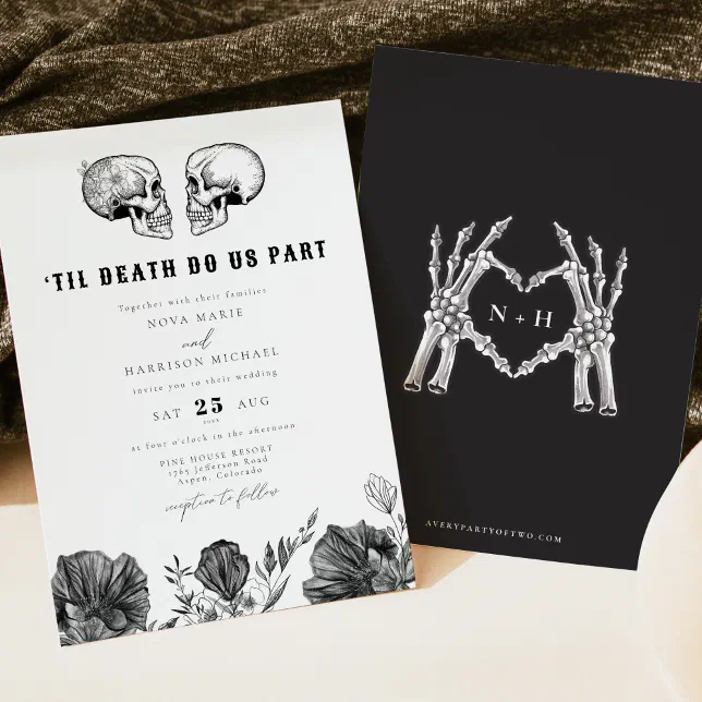 Nova Til Death Gothic Skull Black Floral Wedding I Invitation 