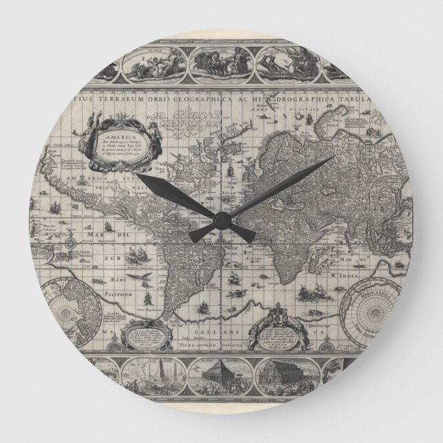 Nova totius terrarum, 1606 Antique World Map Large Clock (Front)