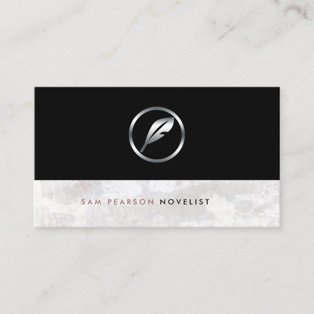 Novelist Bold Silver Quill Icon Elegant Business Card (Front)